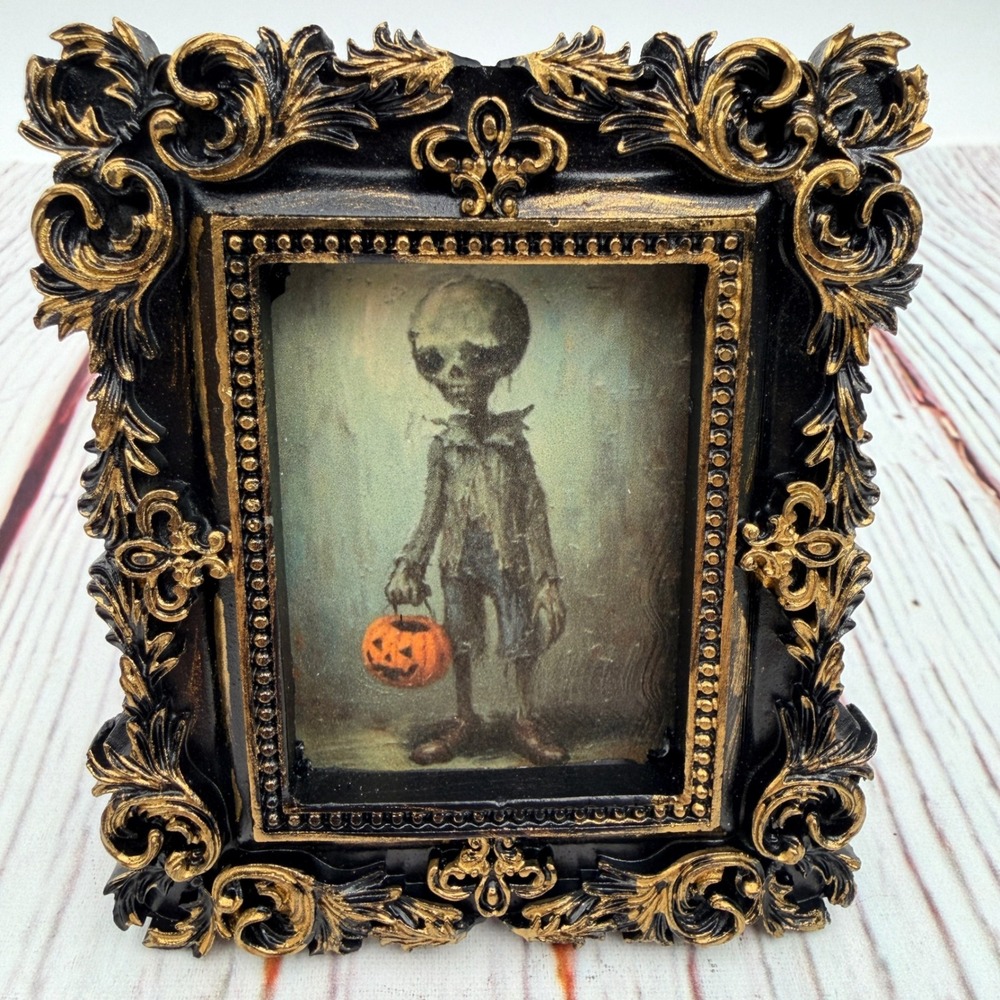 Gothic Zombie Skeleton Halloween Art Print Ornate Black Gold Resin Frame